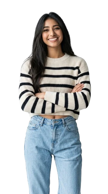 The same shopper, now wearing the striped sweater